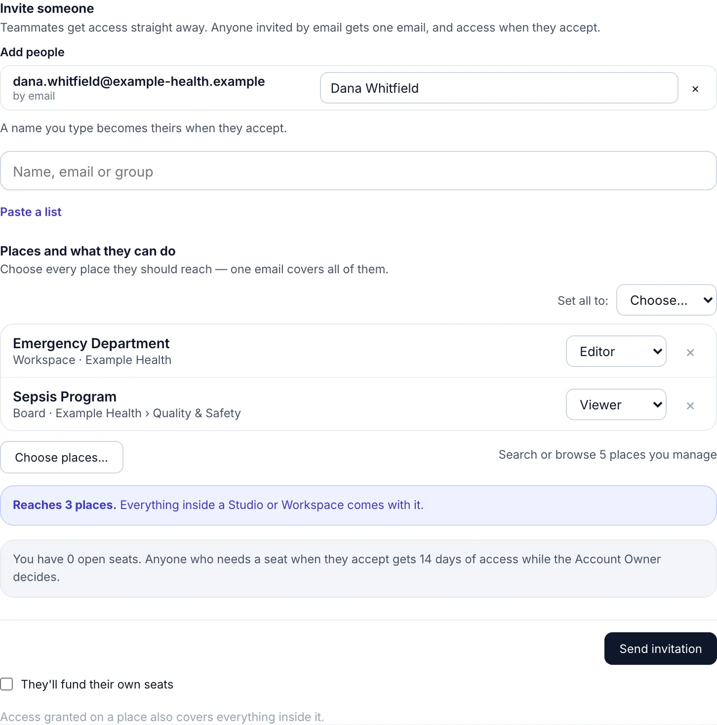 Inviting a colleague by email to two places at once, as Editor on one and Viewer on the other.